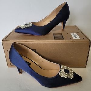 Women's Navy Satin Like 2.5" Heels with Rhinestone Accent, Size 8